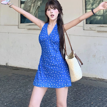 MQTIME  -  Pure Cotton Lace Floral Dress Women Summer Beach Blue V Neck Sexy Mini Dress Sleeveless Halter Casual Vacation Fashion Dress